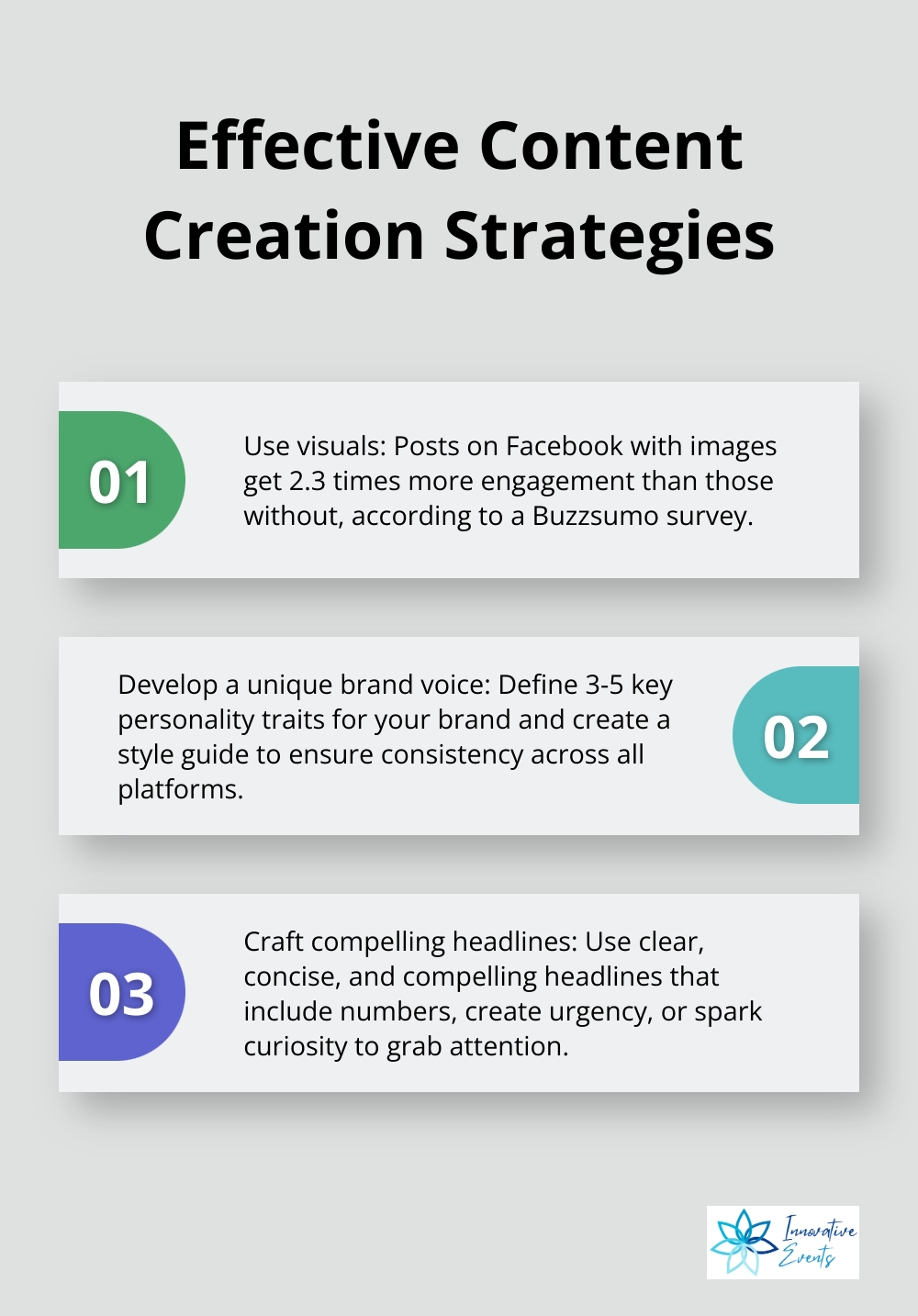 Ordered list chart showing three key strategies for creating engaging social media content - engagement posts for social media