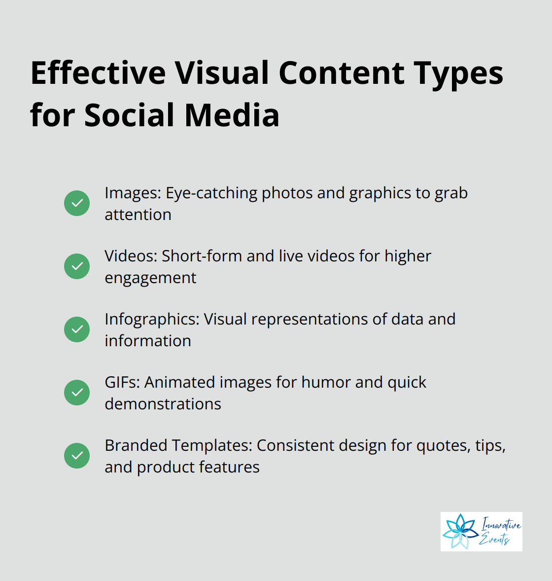 A checkmark list showing five effective types of visual content for social media: Images, Videos, Infographics, GIFs, and Branded Templates.