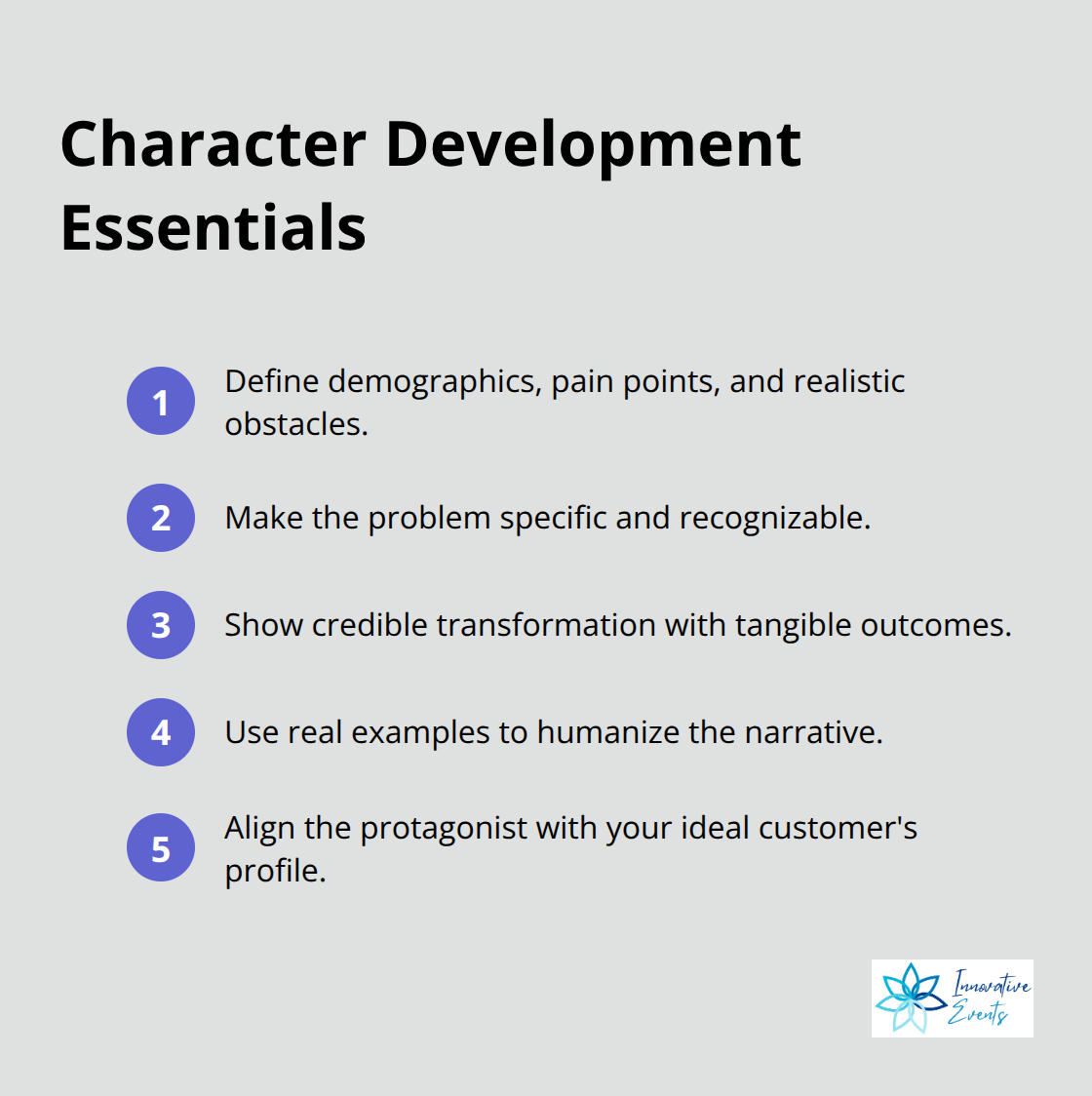 Ordered list of key elements for crafting relatable protagonists in brand stories. - storytelling in content marketing