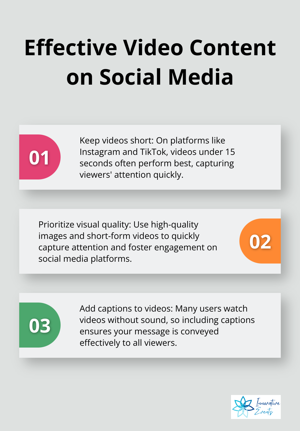 An ordered list chart showing three key points about creating effective video content for social media: optimal length, importance of visuals, and use of captions - ways to increase engagement on social media